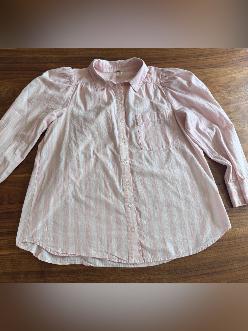 Free People Puff Sleeve Button Blouse Pink White Stripe 100% Cotton Sz M *flaw*